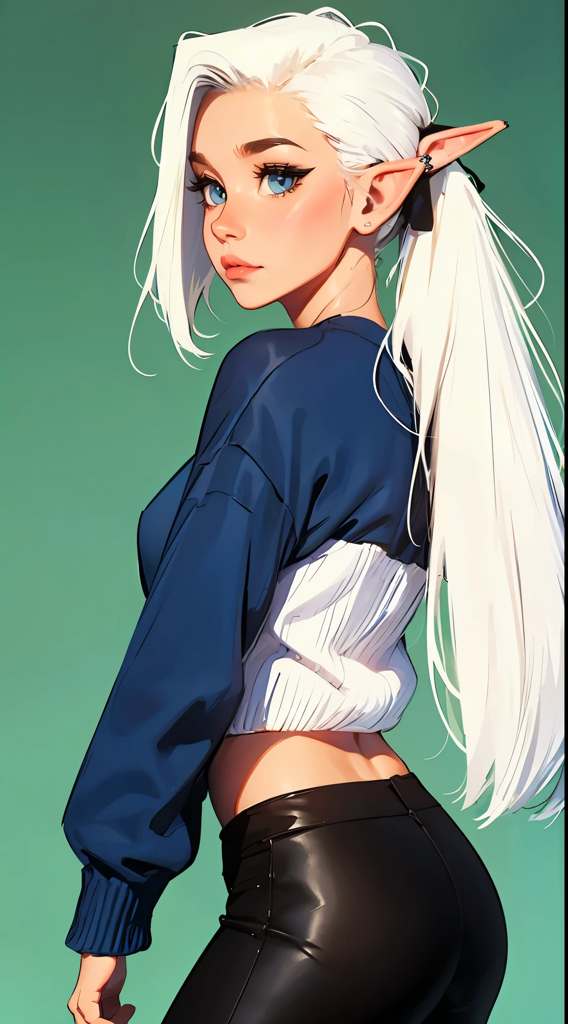 A girl with white hair in a ponytail and blue eyes in a blue sweater and black pants with an elf ear on a green background