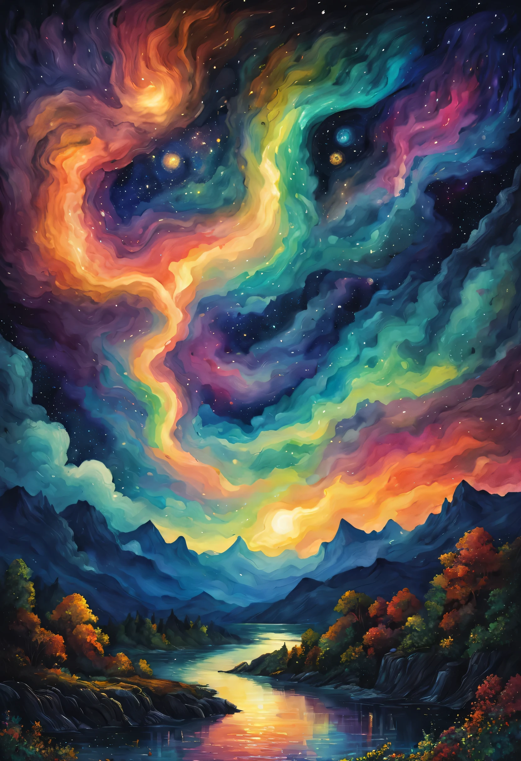 Aurora spreads across the night sky,landscape,watercolor painting,lightのカーテン,colorful,rich colors,dream-like,wonderful,bless,lightの粒,dark background,masterpiece,be familiar with,magic effect,light, breathtaking renderings, in a radiant connection, Inspired by Kinuko Y. , magic elements, , Is beautiful, colorfulな呪文を唱える, 明るいflash, flash,Van Goffo'painting style