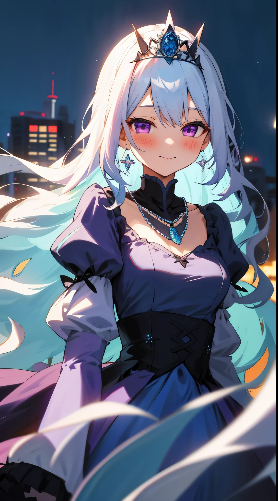 One girl with long wavy hair, bangs, white hair, blue inner hair:1.25) , purple eyes, looking at viewer, blushing, little smile, blue dress, puffy sleeves, tiara, earrings, dating, standing, necklace, citylight, dizzy, mid-chest, night atmosphere, hair ornament, medium breasts, upper body, focus, blurry background