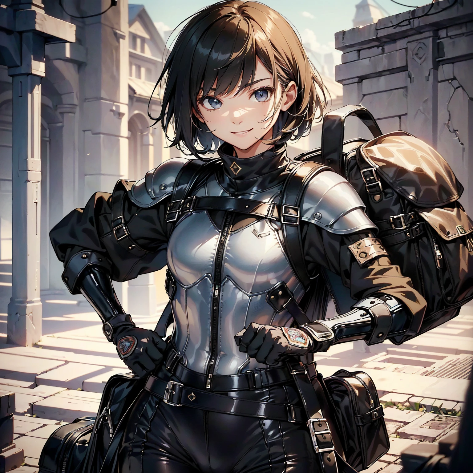 (masterpiece、highest quality、highest resolution、clear_image、detailed details): (whole body、18 year old female fighter,Slender、small face、black super bob short hair、Shiny black tight combat uniform,tight suit、Gentle smile、Backpack)