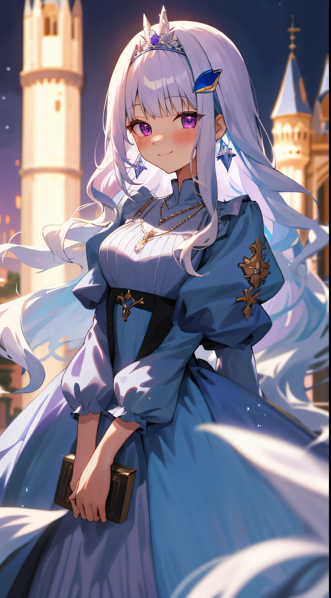 One girl with long wavy hair, bangs, white hair, blue inner hair:1.25) , purple eyes, looking at viewer, blushing, little smile, blue dress, puffy sleeves, tiara, earrings, dating, standing, necklace, castle, dizzy, mid-chest, night atmosphere, hair ornament, medium breasts, focus, blurry background