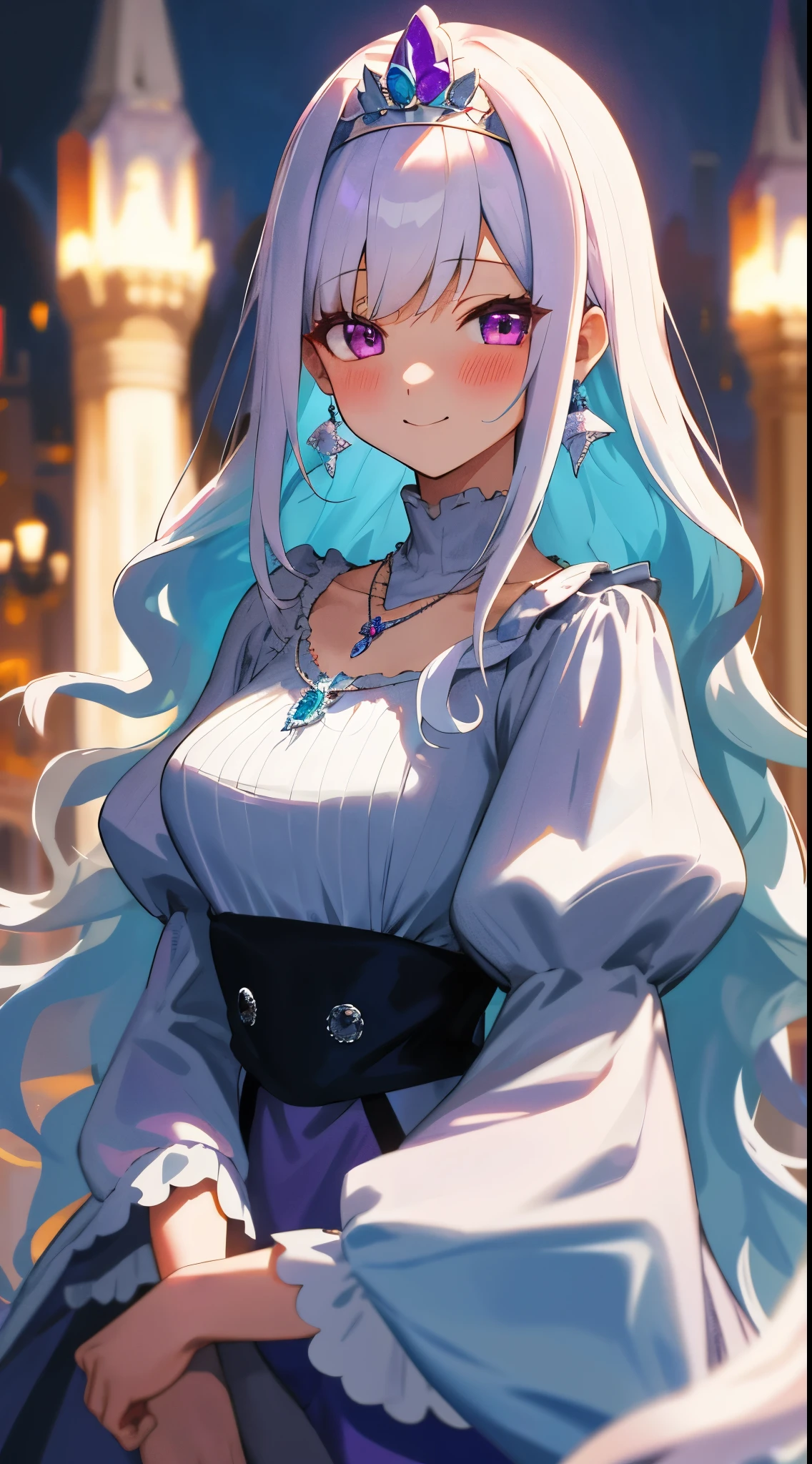 One girl with long wavy hair, bangs, white hair, blue inner hair:1.5) , purple eyes, looking at viewer, blushing, little smile, blue dress, puffy sleeves, tiara, earrings, dating, standing, necklace, castle, dizzy, mid-chest, night atmosphere, hair ornament, medium breasts, upper body, focus, blurry background