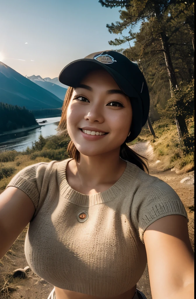 1 woman ((upper body selfie, happy)), masterpiece, best quality, ultra-detailed, solo, outdoors, (night), mountains, nature, (stars, moon) cheerful, happy, backpack, sleeping bag, camping stove, water bottle, mountain boots, gloves, sweater, hat, flashlight, forest, rocks, river, wood, smoke, shadows, contrast, clear sky, analog style (look at viewer:1.2) (skin texture) (film grain:1.3), (warm hue, warm tone:1.2), cinematic light, sidelighting, ultra high res, best shadow, RAW, upper body, wearing bra ,Bun head、Natural smile、Big breasts、Plump body、thick thight, low cut