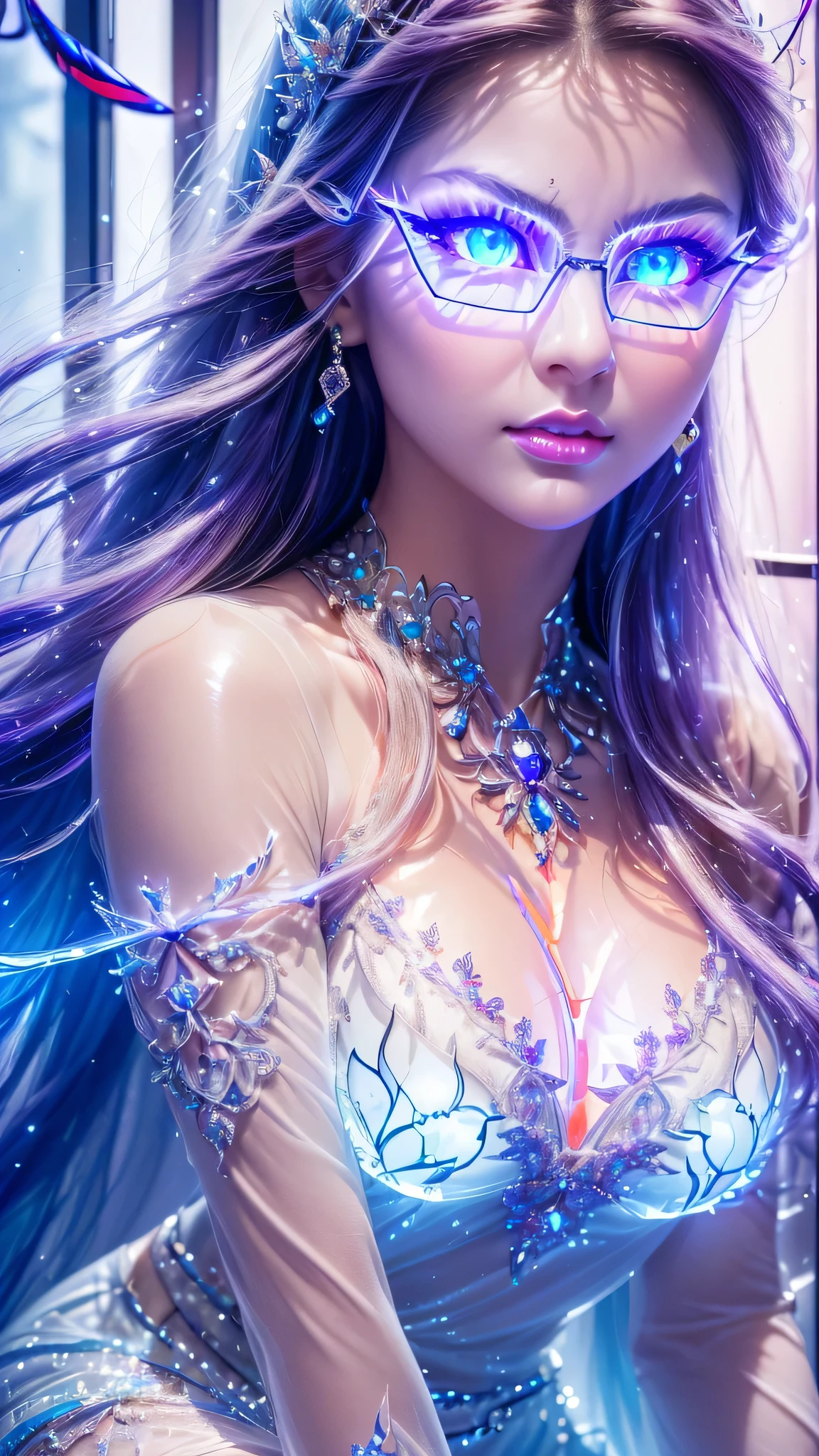Ultra-realistic、 ultra-detailed、 最high quality、 8K、highest level、 The ultra -The high-definition、(Super beautiful detailed face:1.6)、(super detailed eyes:1.2)、(super detailed lips:1.2)、(super Detailed nose:1.2)、(depth of field)、((anatomically correct))、((cleavage))、(I encourage you to choose a subdued and perfectly coordinated background for your phenomenal, diverse random creation)、(Use any technique of combining materials、 natural、 ((glass dress:1.22))、 and fantasy magic, any style、 any outfit、 choose eyes color、 ((hair is a different color than eyes))、 dynamic random fancy, professional hairstyles)、 1girl:1.4 20years old、fashion supermodel、real:1.75、photorealistic:1.75、(very delicate and beautiful、fine details:1.2)、(masterpiece)、 最high quality、 (high quality)、 ((absurdres))、 (ultra sharp fous)、(Glamour, paparazzi taking pictures of her)、 contrast、 (ultraviolet shot:1.25)、red_lipstick:1.39、((perfect round eyes))、((glowing glass:1.75))、(matte skin:1.45)、((from the Knee Up))、(lighting_makeup:1.17)