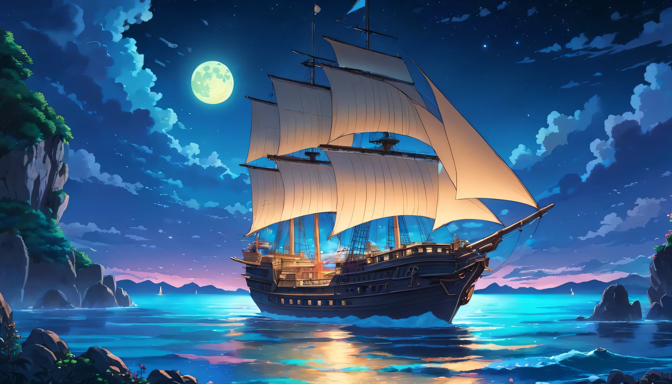 In the dark of night, a tall ship sails across moonlit seas, clouds, moon, and stars, creating a mesmerizing scene. The ship stands out with its vibrant neon lights, casting a colorful glow on the surrounding waters. The ship's details are exquisitely rendered, showcasing every intricate feature. The artwork is of the highest quality, with a resolution of 4k, capturing every minute detail. The scene is bathed in the magical ambiance of the moonlight, fantasy world, casting a serene glow over the entire artwork. The combination of the neon lights and the moonlight creates a captivating contrast and adds a touch of mystery to the composition.