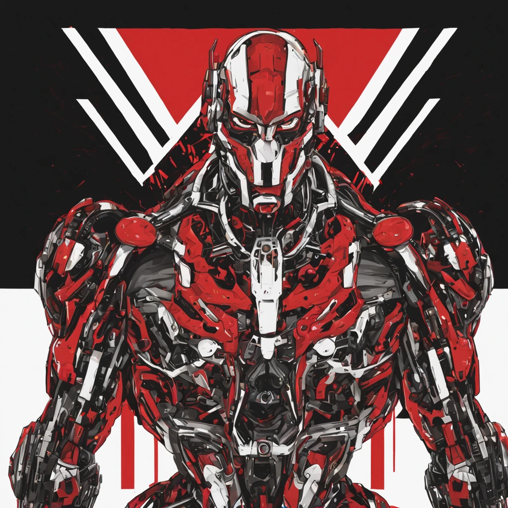 cyborg with colors red white black with black background
