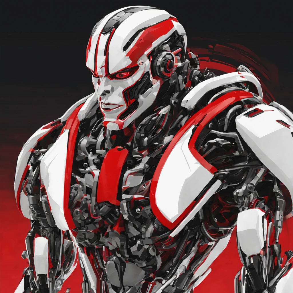 cyborg with colors red white black with black background
