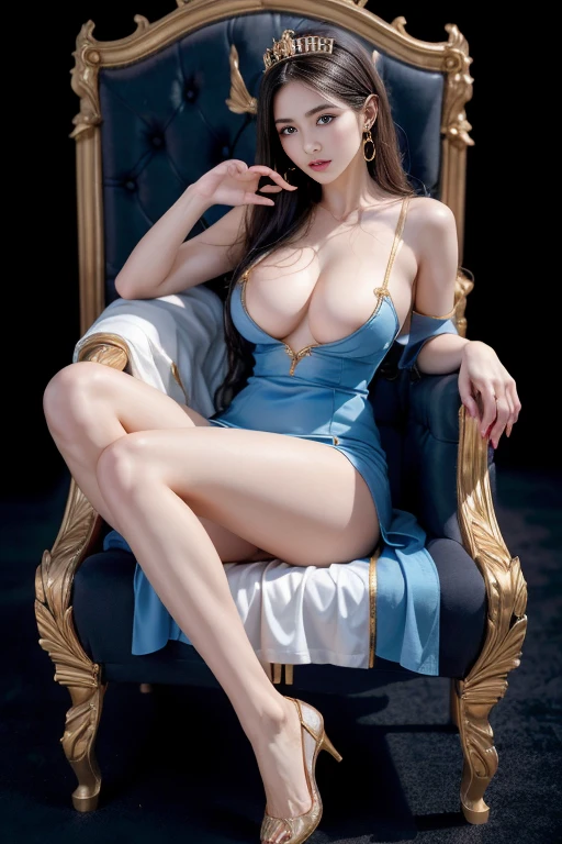 masterpiece, highest quality, realistic, 1 girl, inside the palace, Sitting cross-legged on a throne, sky blue dress with gold decorations, princess, beautiful long hair, big ass, realistic美しいlegs, Clothes with a wide open chest, stockings, nipple protrusion, My whole body is sticky with body oil, trained body, abs, professional lighting, glowing skin, Full body photo up to the toes