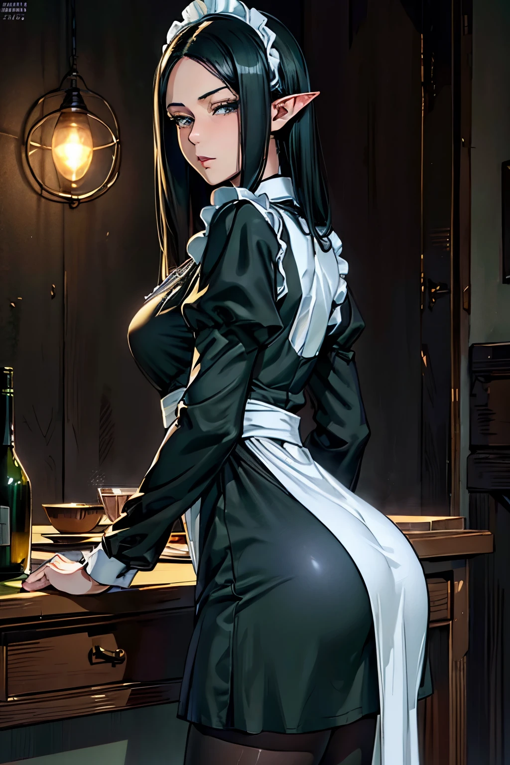 solo, ((masterpiece)),((high resolution)),((best quality)), extremely fine and beautiful, super fine illustration, (realistic skin), (insanely detailed anime eyes), mature, vivid and beautiful, shocking sensation, incredibly detailed, beautiful detailed girl, (medium supple breasts:0.7), front view, looking at customer, black hair, (elf), (medium long elf ears), (long sleeves light-green Dress:1.2), ((White Apron, Maid Catsuits)), (black pantyhose), ((black hair)), (very long hair), (small breasts:0.9), (plump thighs:0.6), (wide hips:0.7), (plump ass:0.7) movie lighting, perfect shadow, realistic lighting shaded, medieval fantasy tavern scenery, hostess, carrying tray of food, waitress