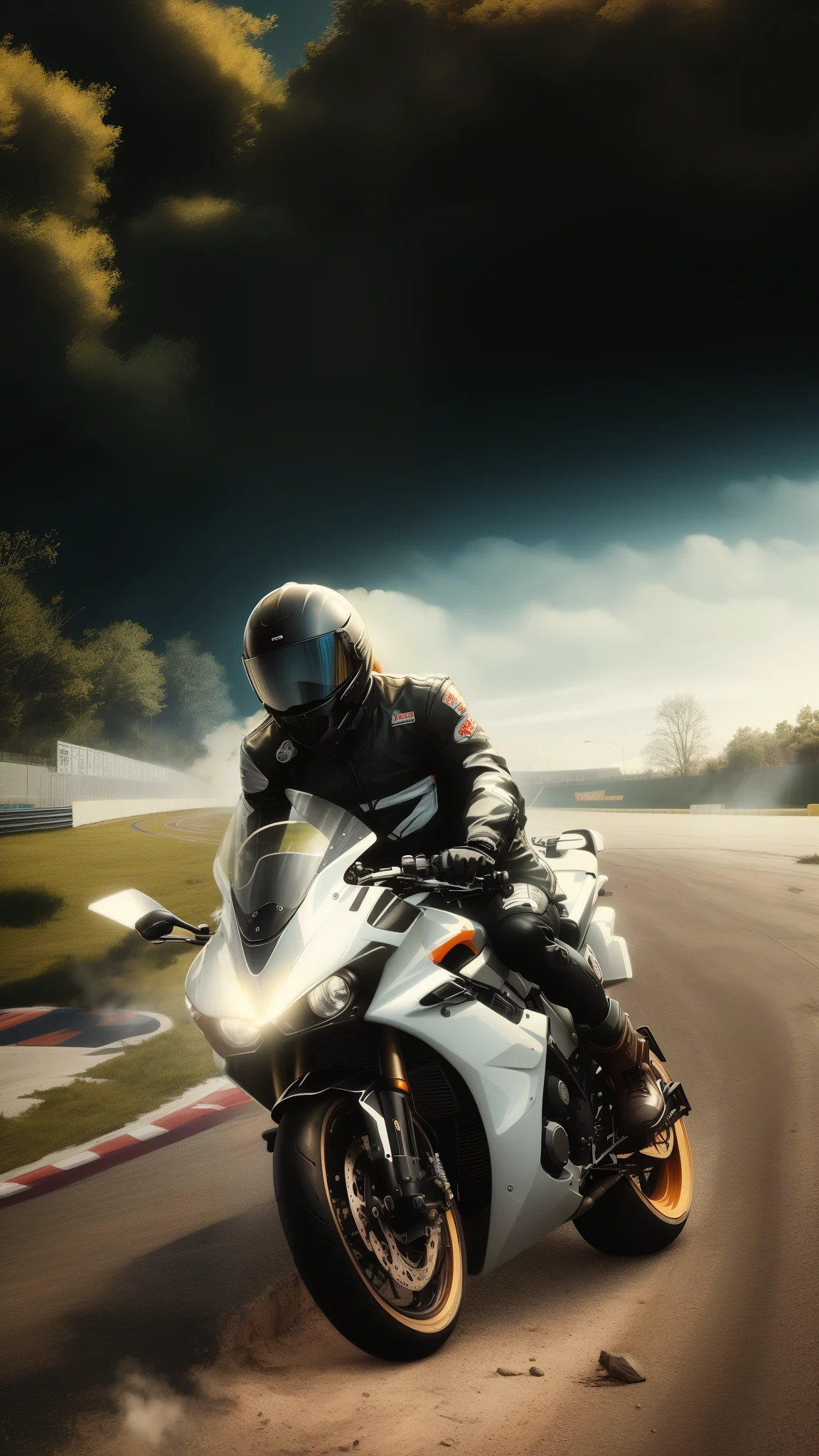 there is a man riding a motorcycle on a track with a helmet on,full speed efect, picture of a male biker, riding a futuristic motorcycle, riding a motorcycle, wide angle dynamic action shot, motorbiker, on a street race track, on a racetrack, at racer track, wideangle action, sitting on a motorcycle, speeding on motorcycle, photoshot, sitting on cyberpunk motorbike