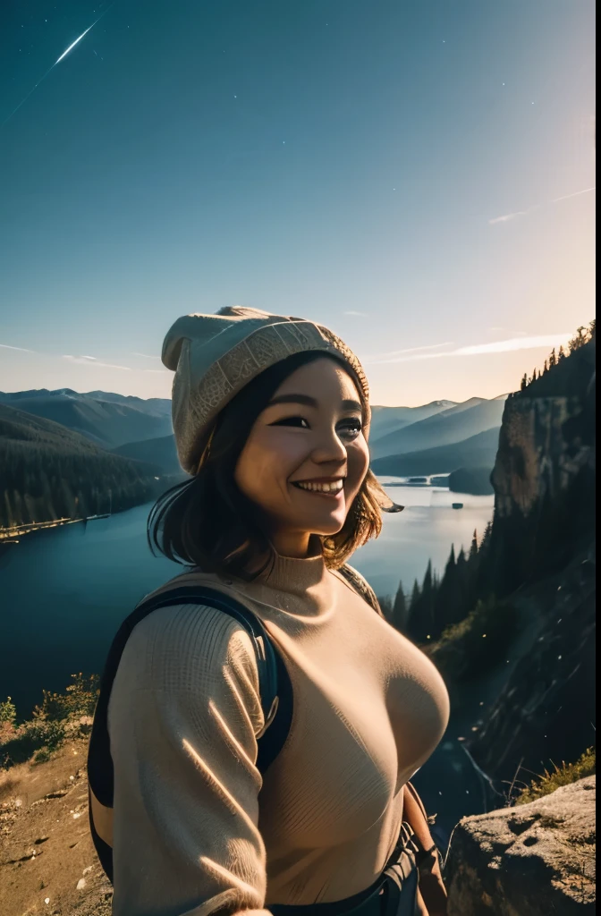 1 woman ((upper body selfie, happy)), masterpiece, best quality, ultra-detailed, solo, outdoors, (night), mountains, nature, (stars, moon) cheerful, happy, backpack, sleeping bag, camping stove, water bottle, mountain boots, gloves, sweater, hat, flashlight, forest, rocks, river, wood, smoke, shadows, contrast, clear sky, analog style (look at viewer:1.2) (skin texture) (film grain:1.3), (warm hue, warm tone:1.2), cinematic light, sidelighting, ultra high res, best shadow, RAW, upper body, wearing bra ,Bun head、Natural smile、Big breasts、Plump body、thick thight,