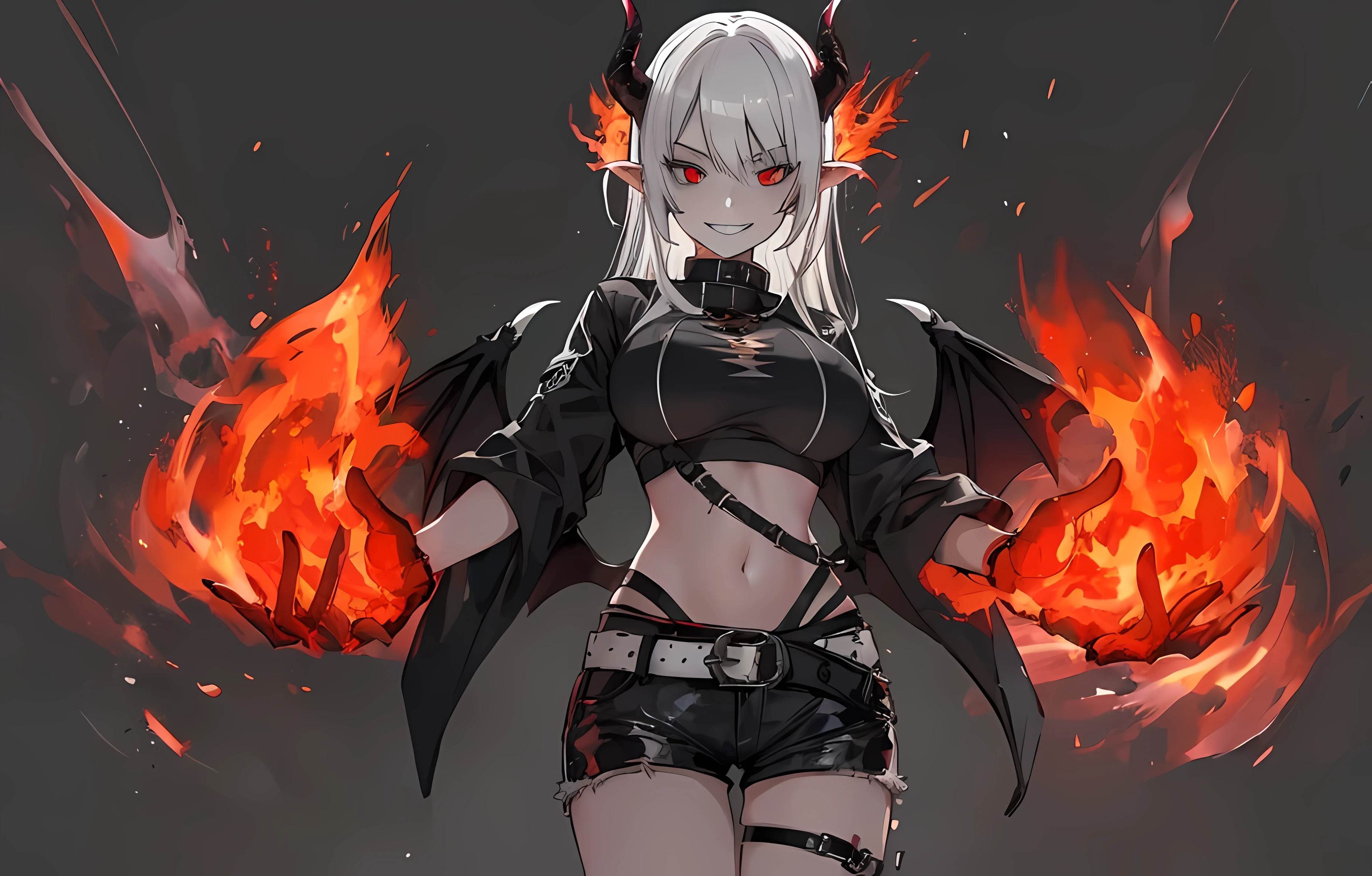 1 girl with fire on both her hands, long white hair, ((demonic horn)), wearing black collar, (black crop top), laced underwear, very short black pants, black belt, her eyes are on fire, inferno skin, demon girl, black bat wings, plain grey background, (big breast), exposed thighs, (sinister smile), masterpiece, shot from below, 27 years old girl, 