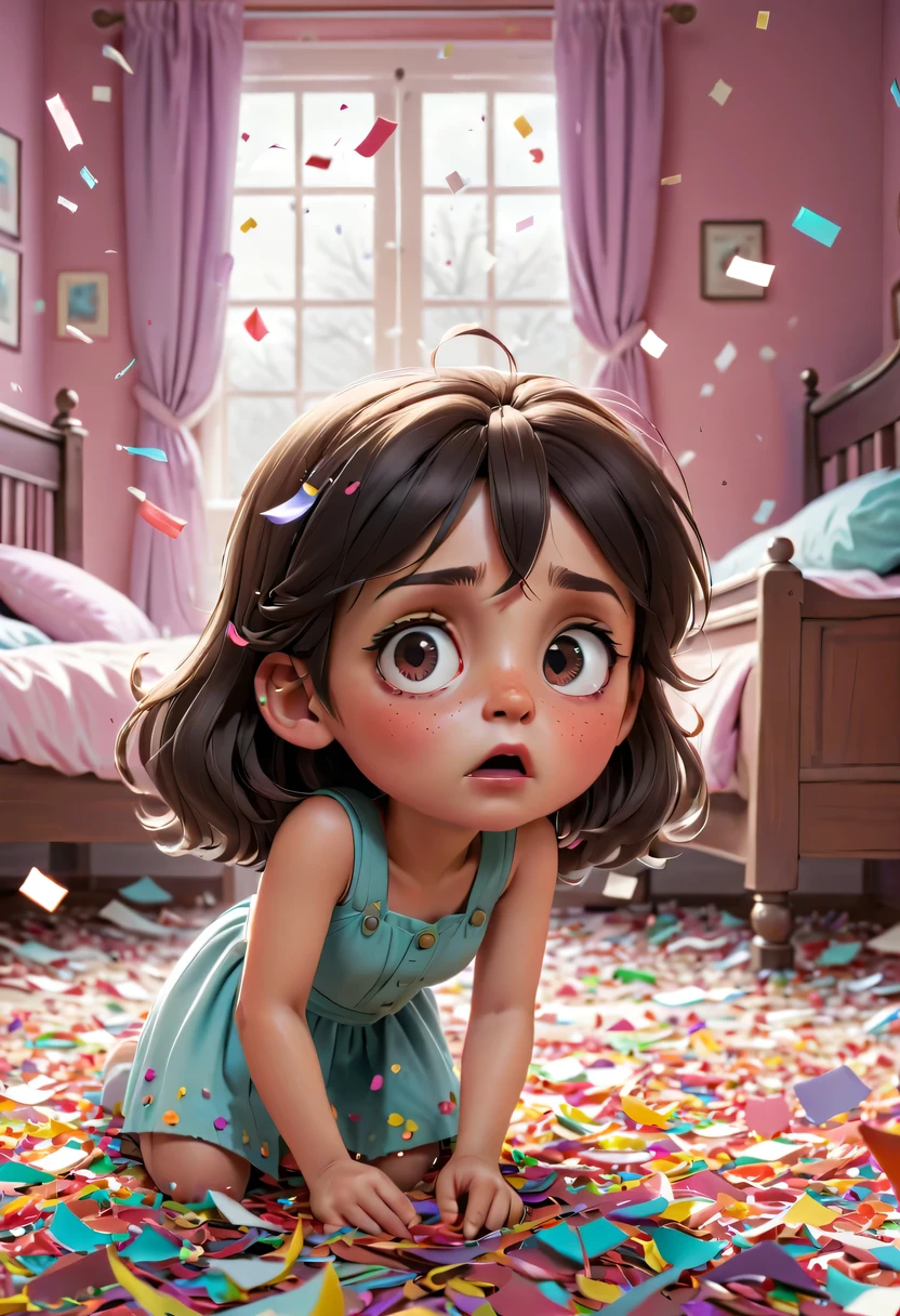 Beautiful bedroom，The wronged children are all in the pieces of paper，torn confetti，Confetti scattered on the ground，Pitiful expression，like a child who makes mistakes