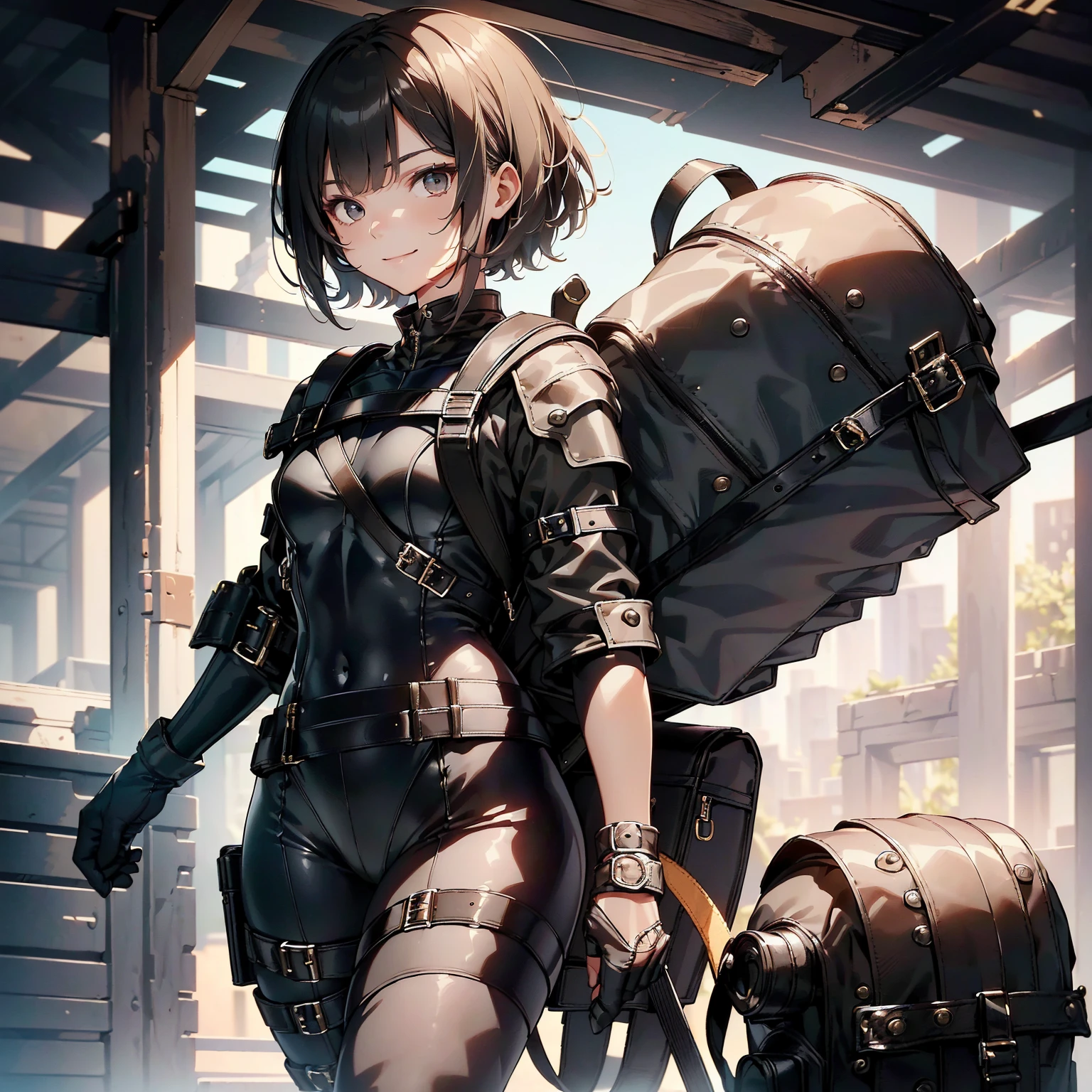 (masterpiece、highest quality、highest resolution、clear_image、detailed details): (whole body、18 year old female fighter,Slender、small face、black super bob short hair、Shiny black tight combat uniform,tight suit、Gentle smile、Backpack)