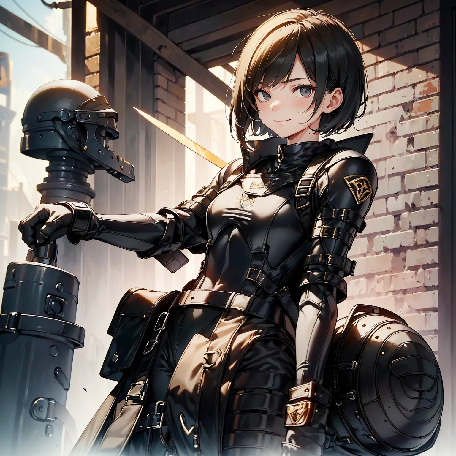 (masterpiece、highest quality、highest resolution、clear_image、detailed details): (whole body、18 year old female fighter,Slender、small face、black super bob short hair、Shiny black tight combat uniform,tight suit、Gentle smile、Backpack)
