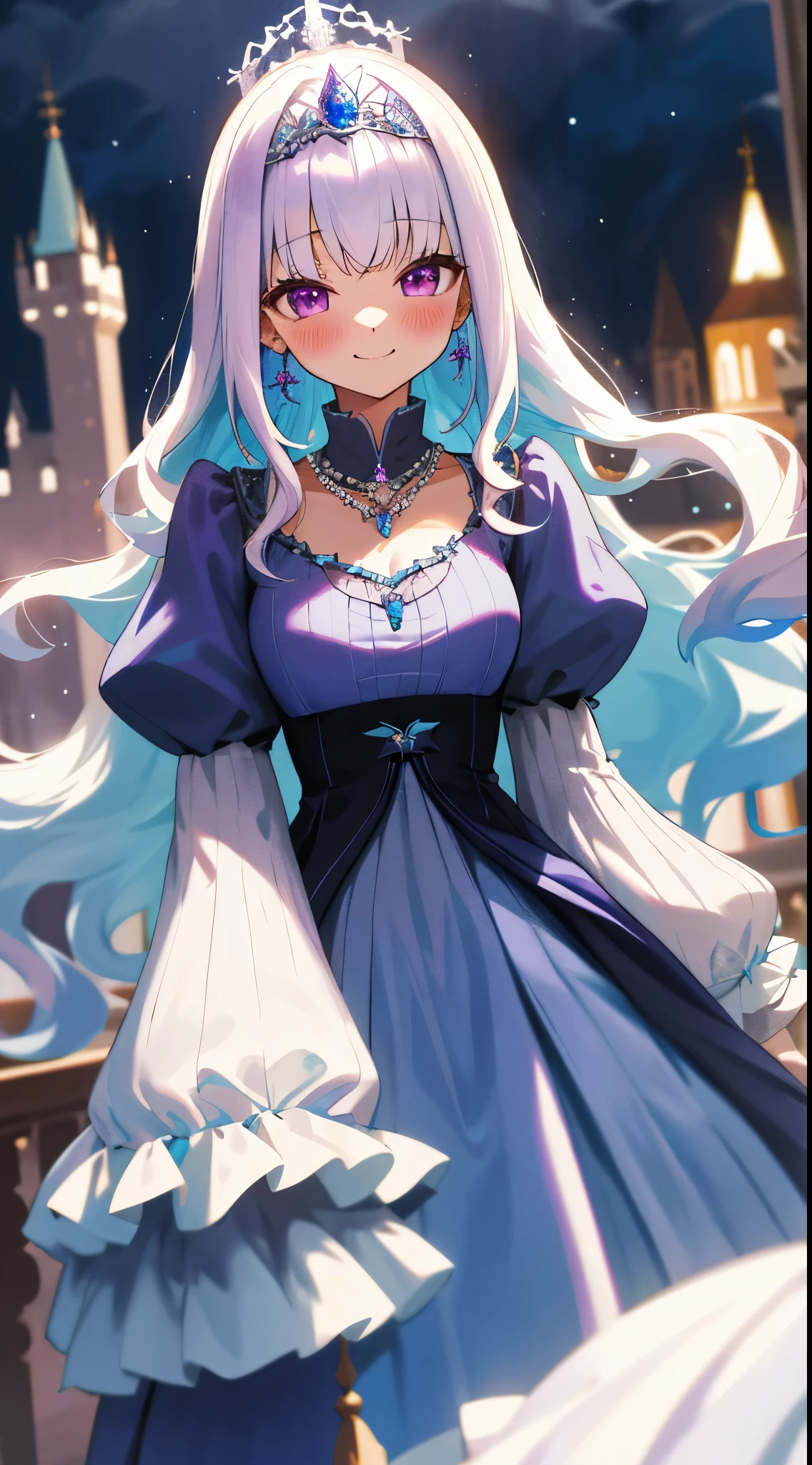 One girl with long wavy hair, bangs, white hair, blue inner hair:1.25) , purple eyes, looking at viewer, blushing, little smile, blue dress, puffy sleeves, tiara, earrings, dating, standing, necklace, castle, dizzy, mid-chest, night atmosphere, hair ornament, medium breasts, focus, blurry background
