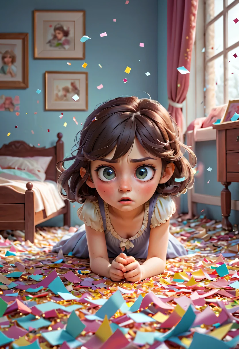 Beautiful bedroom，The wronged children are all in the pieces of paper，torn confetti，Confetti scattered on the ground，Pitiful expression，like a child who makes mistakes