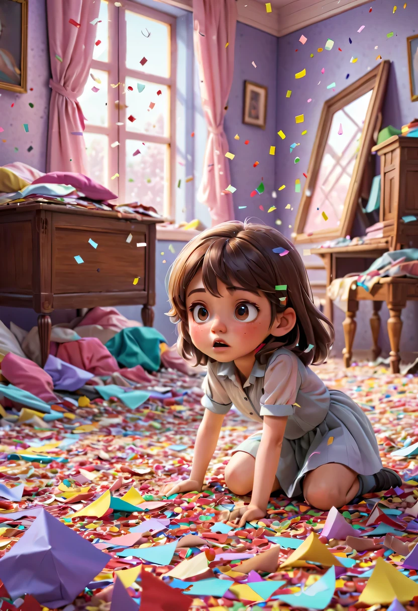 Beautiful bedroom,The wronged children are all in the pieces of paper,torn confetti,Confetti scattered on the ground,Pitiful expression,like a child who makes mistakes