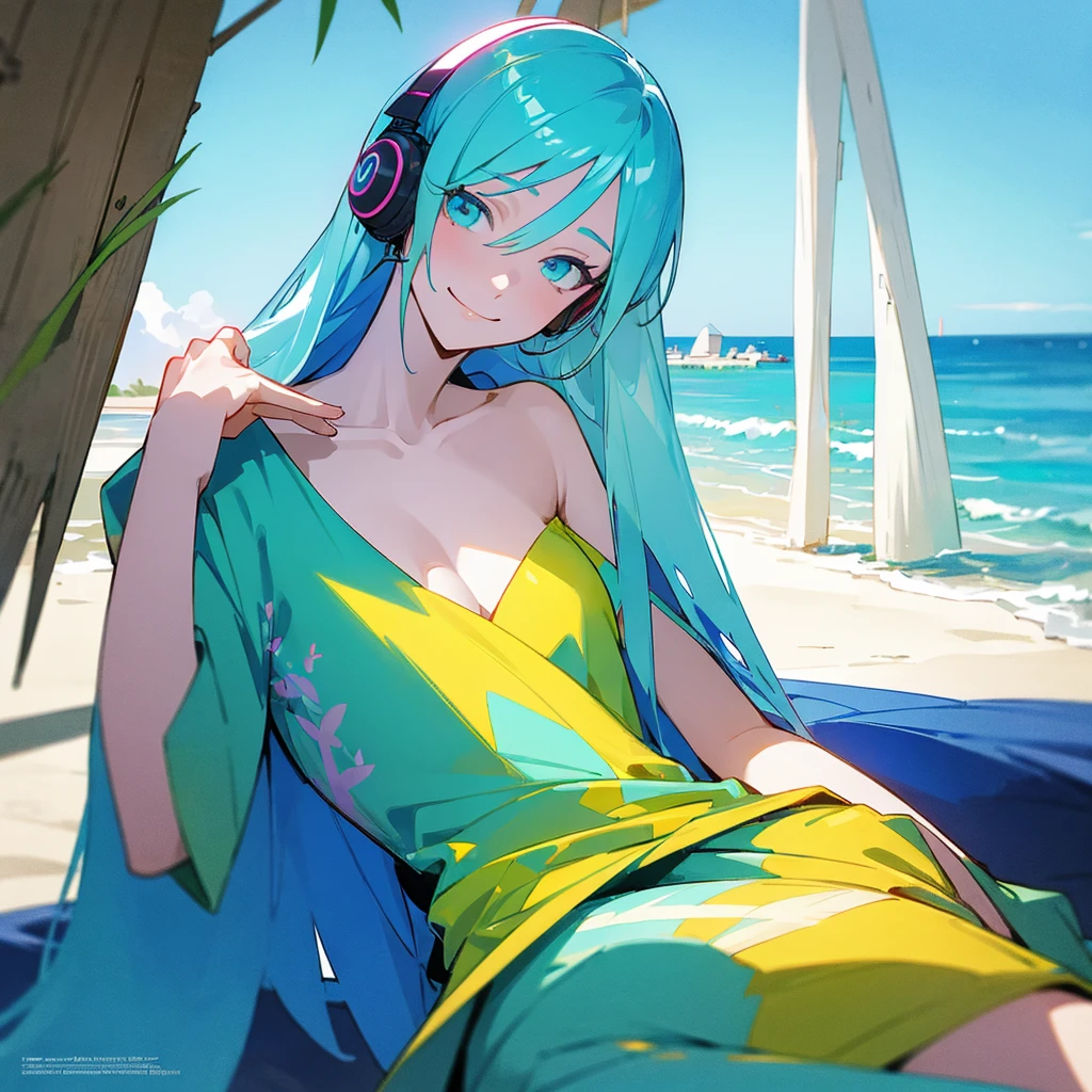 A young woman with tied-up colored Blue cyan aqua hair and eyes resembling a rainbow, listening to calm music on headphones, with a sexy smile, holding a cold drink, dressed in tropical light clothing, in a chalet at a beach. An image that inspires calmness, tranquility, lightness, simplicity, and comfort.