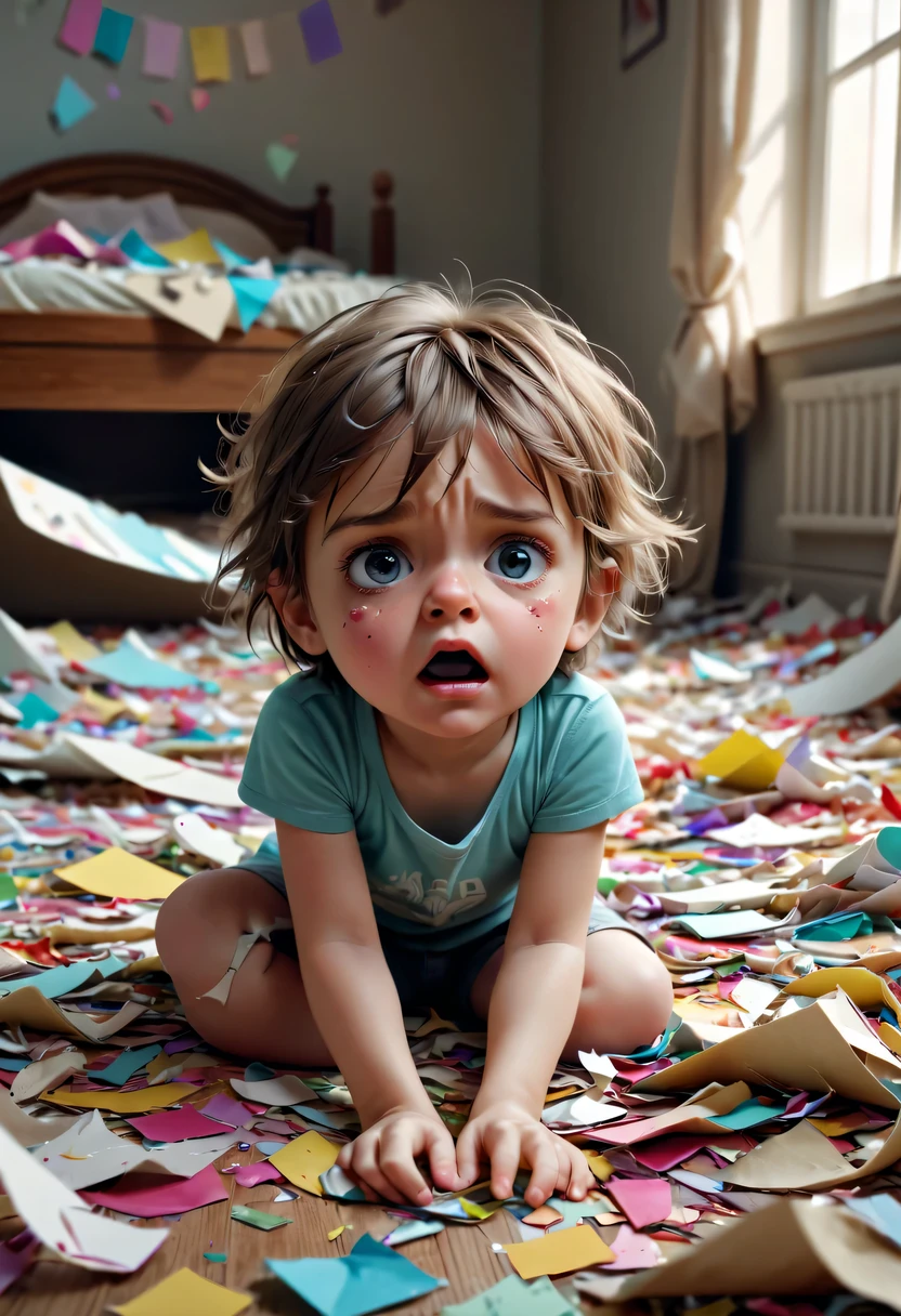in a nice bedroom, a distressed  is surrounded by torn paper shreds, scattered Colored confetti are scattered on the floor, And the child&#39;s expression is even more pitiful, like a child who made a mistake. (best quality,4K,8k,high resolution,masterpiece:1.2),Super detailed,(actual,photoactual,photo-actual:1.37),illustration,Shredded paper,fragile emotions,[torn paper],[Colored confetti],[distressed child],[scattered confetti],[Pitiful expression],soft light,Clean and vibrant colors.
