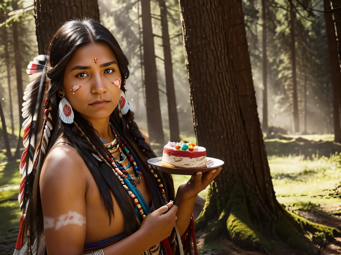 action photo of 25 year old (native american) woman holding a slice of cake and looking at it, (curious expression), xtrhairy, indigenous tribe, dappled sunlight, cinematic waist up shot, hyperrealistic, 8K resolution, photo-realistic