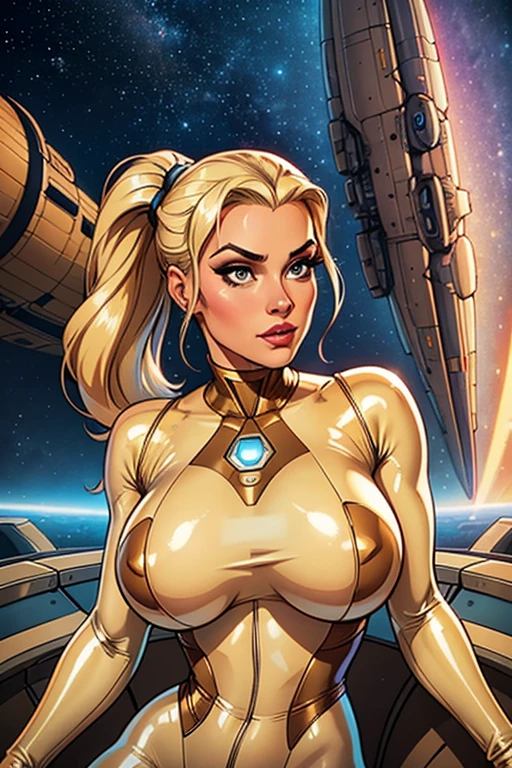 Best quality, 8K, woman retro super hero futurism, beautiful and detailed face, big eyelashes,LOOKING TO observer,ponytail,BLONDE hair,TRANSPARENT BEIGE LATEX BEIGE CATSUIT, metalic details, LIGHT BROWN TAN pantyhose, sheer TAN gloves,sci-fi RETRO SPACESHIP scenario