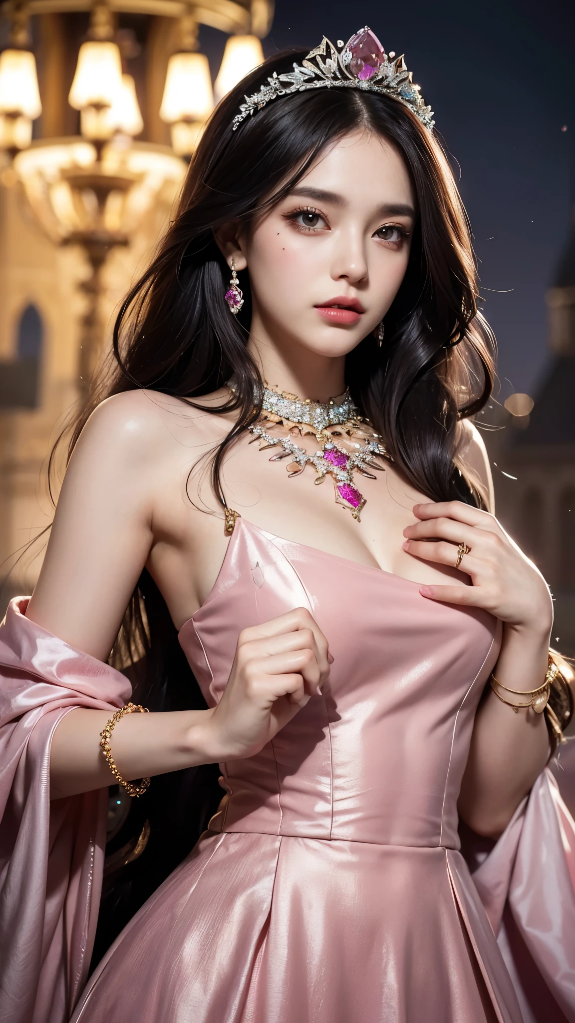 8K, ultra HD, masterpiece, 1 girl, good face, smoggy makeup, very long hair, detailed eyes, detailed lips, medium figure, fantasy dress, very detailed dress, pink dress, (jewelry:1.5), princess castle, bloom, night lighting,