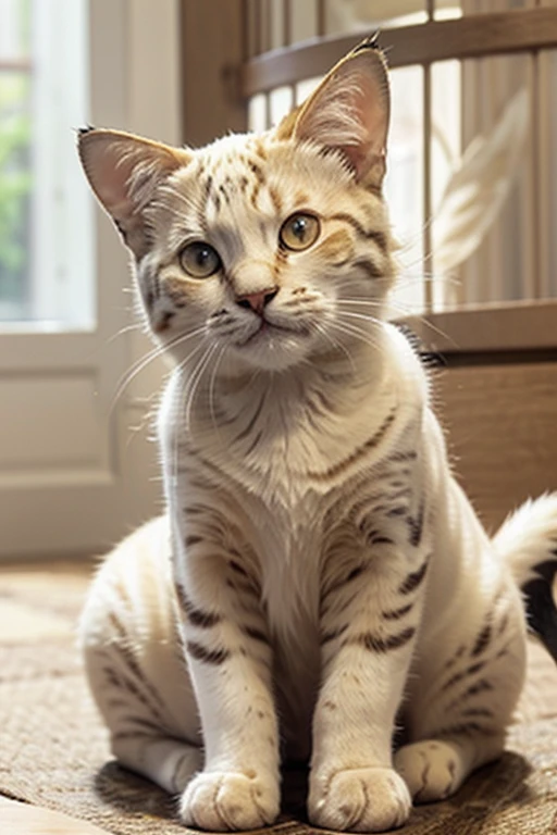 This average-sized adult cat is female.  She has a long white coat with a cream tabby point spots of assorted shapes and sizes.  She has a short, average-width face and is quite muscular. 