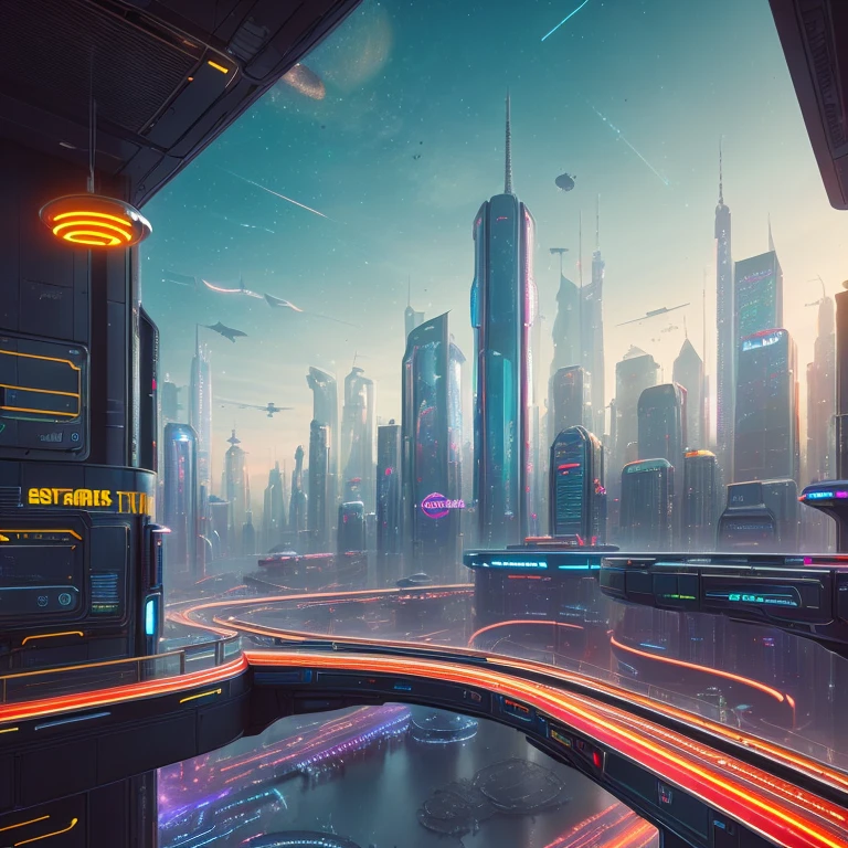 Urban landscape photograph of ( A futuristic space station, with gleaming metal halls and neon-lit cafes) ultra-realistic, by thomas cole, cinematic, atmospheric, composition, cityscape, sense of wonder, 8k( character with super cars )