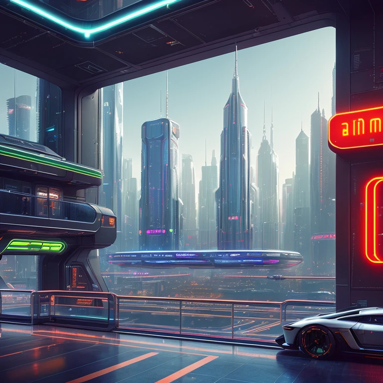 Urban landscape photograph of ( A futuristic space station, with gleaming metal halls and neon-lit cafes) ultra-realistic, by thomas cole, cinematic, atmospheric, composition, cityscape, sense of wonder, 8k( character with super cars )