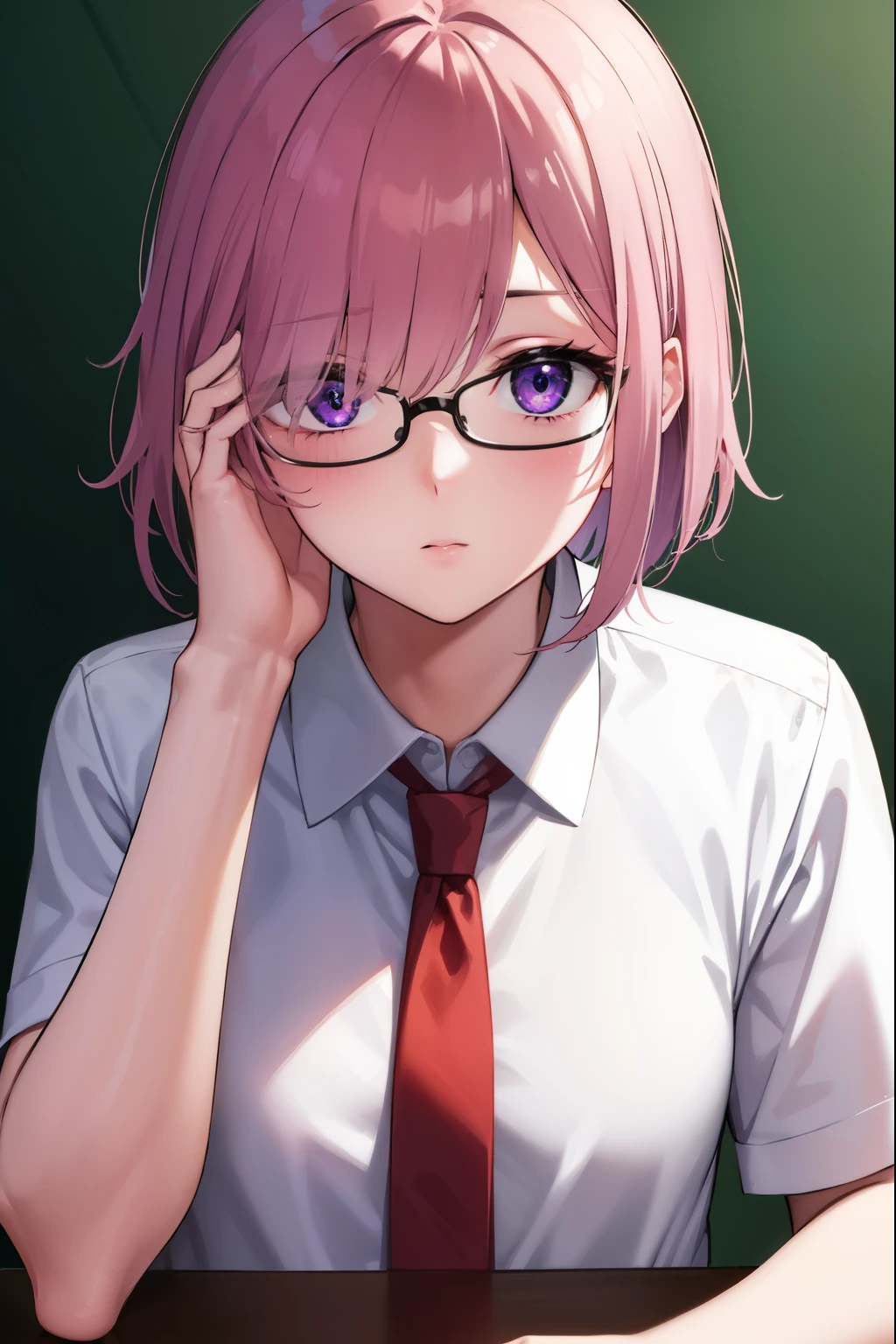 mashkyrielight, mash kyrielight, glasses, hair between eyes, hair over one eye, (purple eyes:1.1), pink hair, short hair,
BREAK hood, shirt, collared shirt, white collar, black shirt, necktie, red necktie, 
BREAK looking at viewer,
BREAK indoors, classroom,
BREAK (masterpiece:1.2), best quality, high resolution, unity 8k wallpaper, (illustration:0.8), (beautiful detailed eyes:1.6), extremely detailed face, perfect lighting, extremely detailed CG, (perfect hands, perfect anatomy),