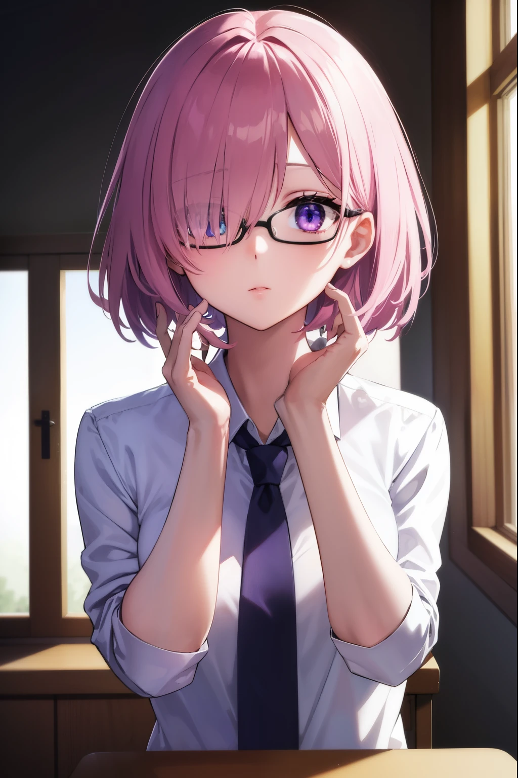 mashkyrielight, mash kyrielight, glasses, hair between eyes, hair over one eye, (purple eyes:1.1), pink hair, short hair,
BREAK hood, shirt, collared shirt, white collar, black shirt, necktie, red necktie, 
BREAK looking at viewer,
BREAK indoors, classroom,
BREAK (masterpiece:1.2), best quality, high resolution, unity 8k wallpaper, (illustration:0.8), (beautiful detailed eyes:1.6), extremely detailed face, perfect lighting, extremely detailed CG, (perfect hands, perfect anatomy),