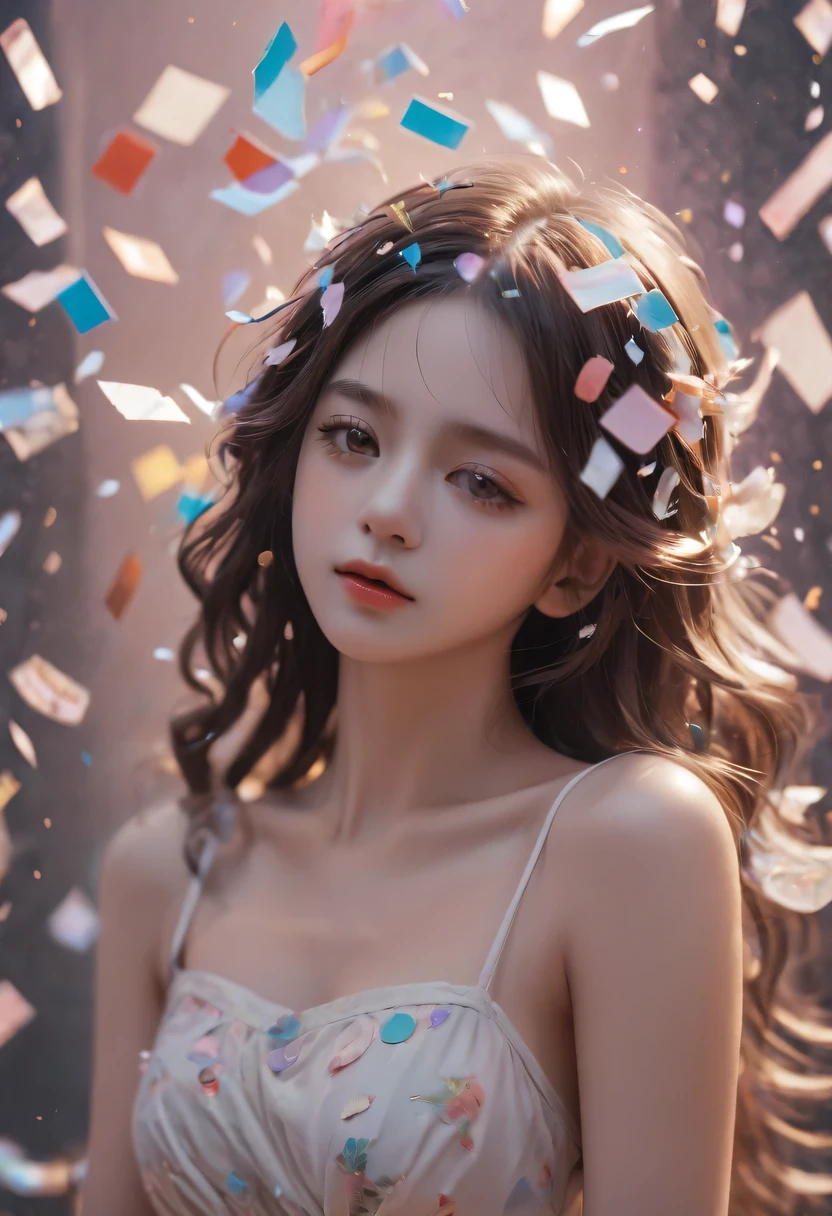 Beautiful bedroom,The wronged children are all in the pieces of paper,torn confetti,Confetti scattered on the ground,Pitiful expression,like a child who makes mistakes