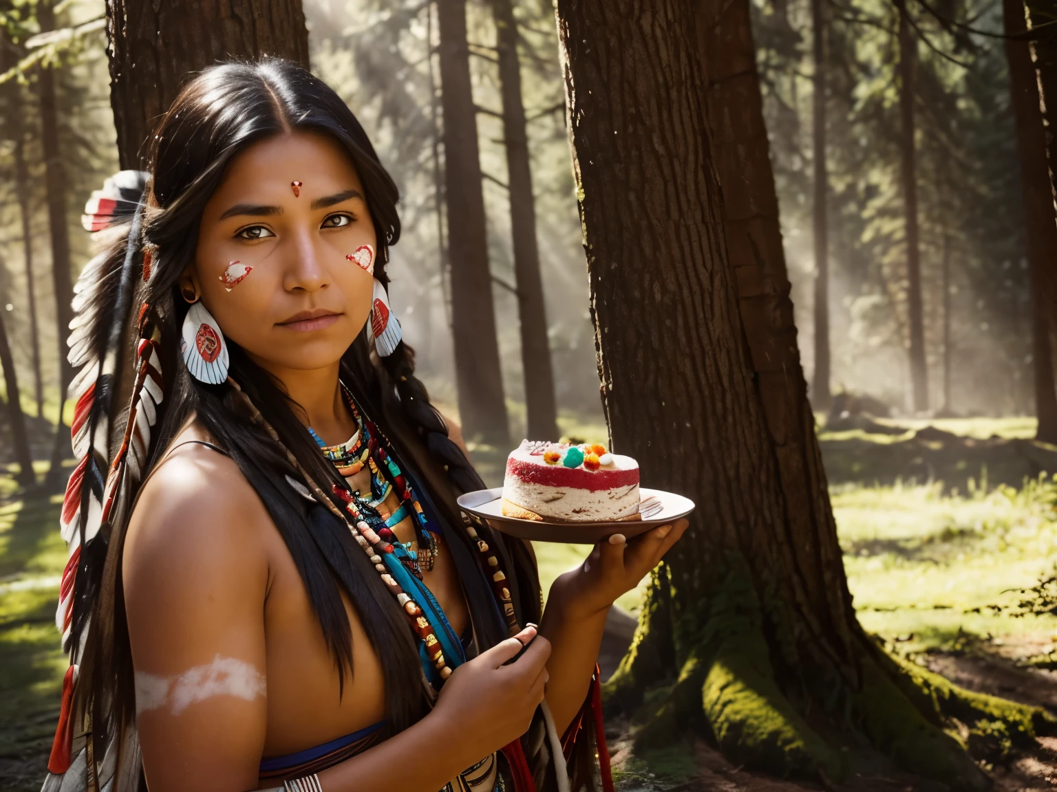 action photo of 25 year old (native american) woman holding a slice of cake and looking at it, (curious expression), xtrhairy, indigenous tribe, dappled sunlight, hyperrealistic, 8K resolution, photo-realistic, nsfw