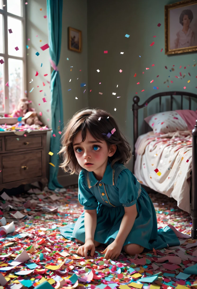Beautiful bedroom,The wronged children are all in the pieces of paper,torn confetti,Confetti scattered on the ground,Pitiful expression,like a child who makes mistakes
