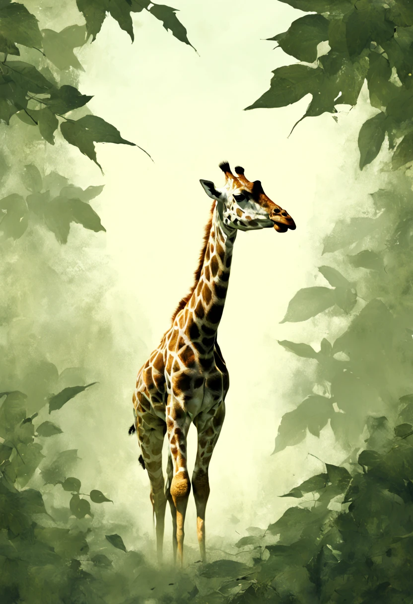 A giraffe among leaves , minimalistic digital artwork with the influence Luis Miranda, jeremy mann, Jeffrey Catherine Jones, conceptual art, painting, illustration, photo