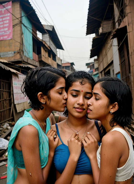 Desi  girl and her two friends kissing in dharavi slum.(3 girls). Wet. Covered in poop.Short hair. Bindi. Dirty body. Dirty butt. Nose ring. 