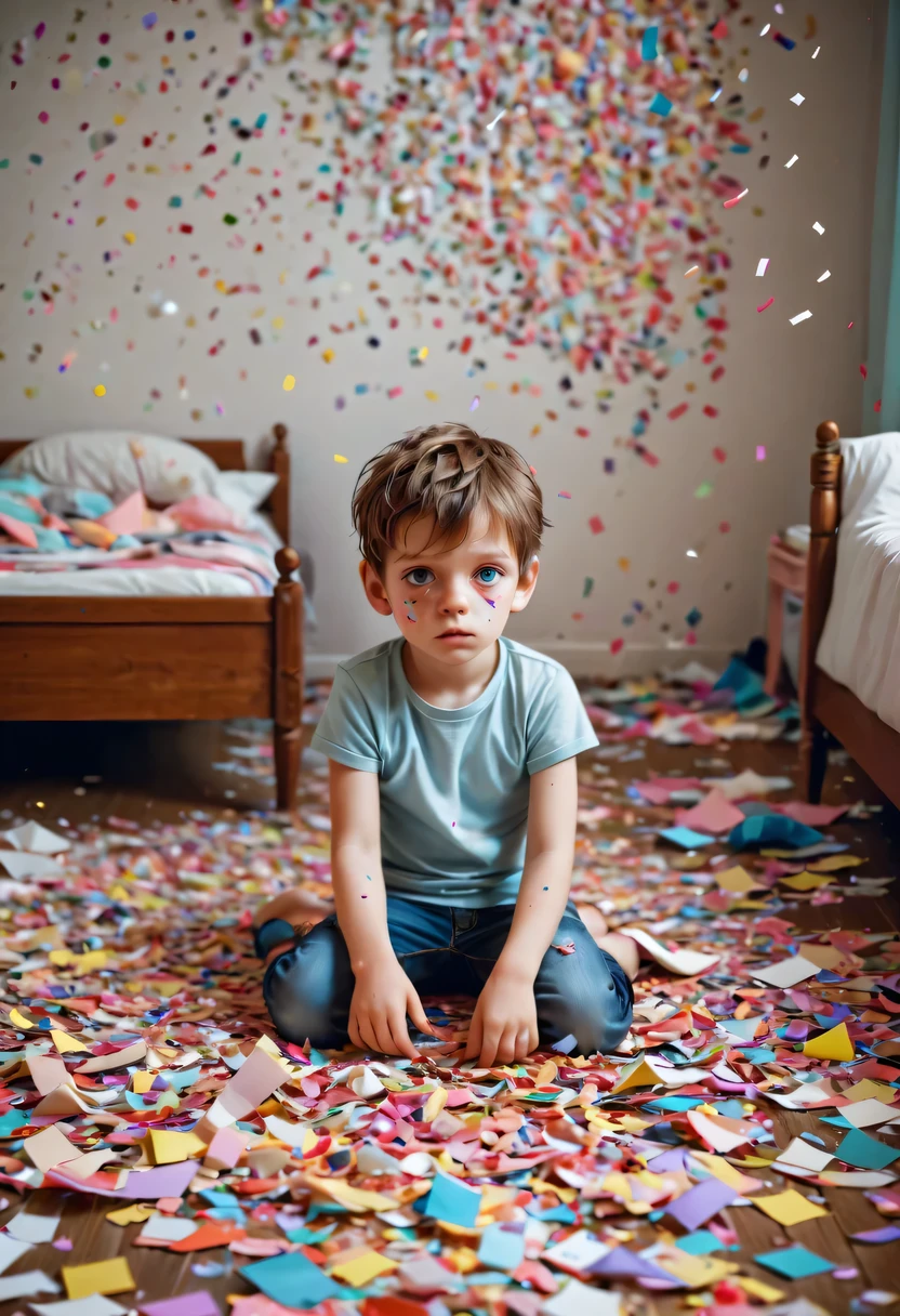 child in paper，torn confetti，Bedroom strewn with confetti，Aggrieved eyes