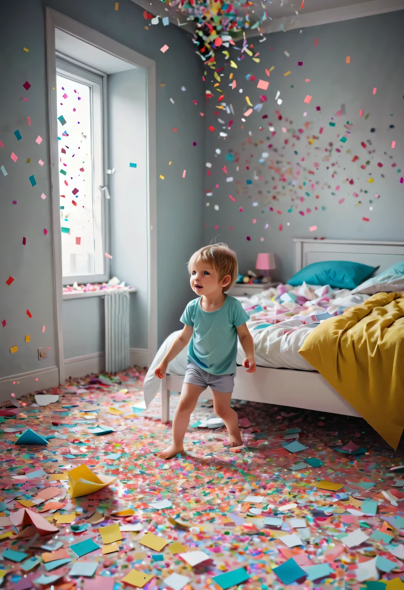 child in paper,torn confetti,Bedroom strewn with confetti,