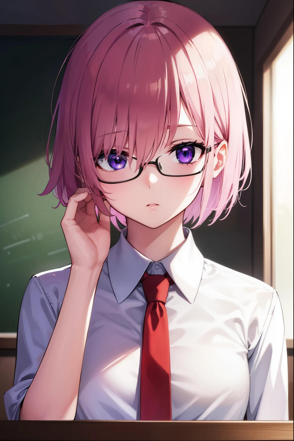 mashkyrielight, mash kyrielight, glasses, hair between eyes, hair over one eye, (purple eyes:1.1), pink hair, short hair,
BREAK hood, shirt, collared shirt, white collar, black shirt, necktie, red necktie, 
BREAK looking at viewer,
BREAK indoors, classroom,
BREAK (masterpiece:1.2), best quality, high resolution, unity 8k wallpaper, (illustration:0.8), (beautiful detailed eyes:1.6), extremely detailed face, perfect lighting, extremely detailed CG, (perfect hands, perfect anatomy),