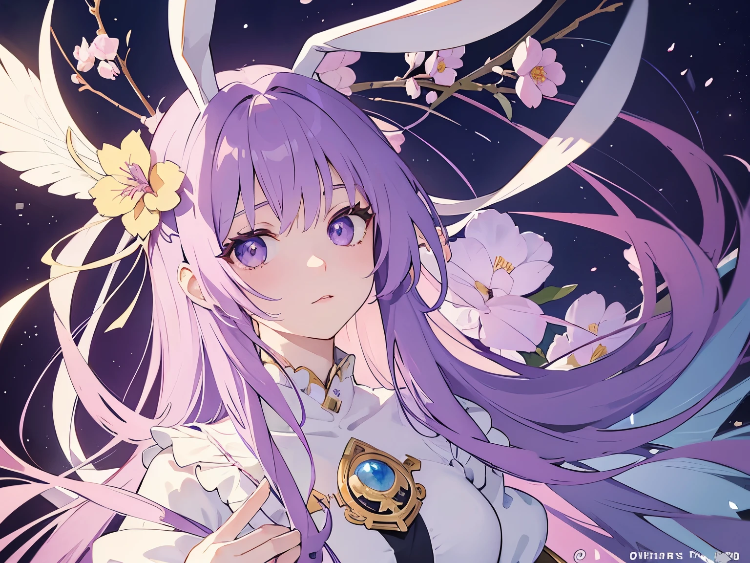 Official Art, Masterpiece European female, purple hair , purple eyes, (​masterpiece、top-quality、hight resolution: 1.4),in 8K, Anime Art Nouveau, highly detailed exquisite fanart, anime fantasy illustration, clean detailed anime art, detailed anime art, Sharp Focus, Delicate Beautiful Hair and Eyes and Face, realisitic, ultra-detailliert, flower garden, sunlight, bunny ears, full body