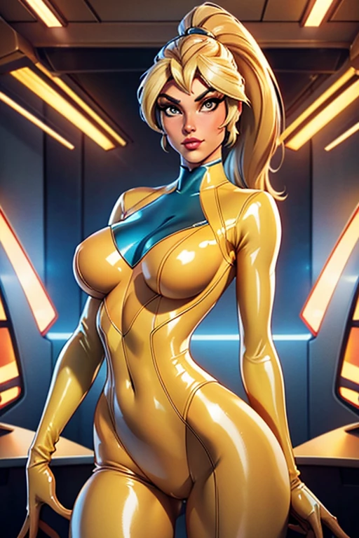 Best quality, 8K, woman retro super hero futurism, beautiful and detailed face, big eyelashes,LOOKING TO observer,ponytail,BLONDE hair,TRANSPARENT BEIGE LATEX BEIGE CATSUIT, metalic details, LIGHT BROWN TAN pantyhose, sheer TAN gloves,sci-fi RETRO SPACESHIP scenario