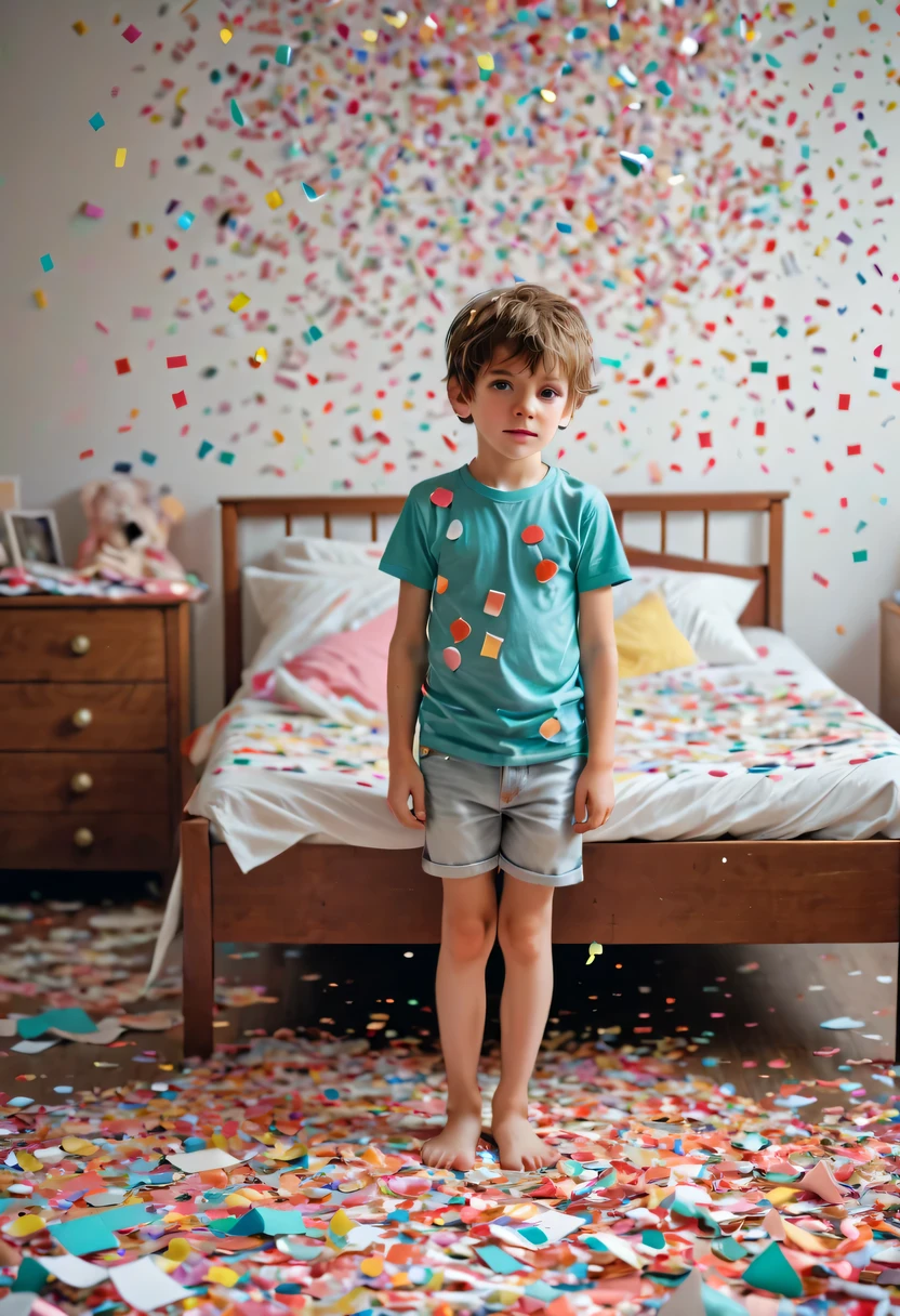 child in paper，torn confetti，Bedroom strewn with confetti，