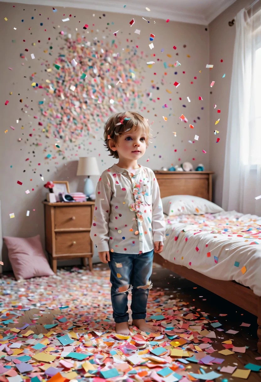 child in paper,torn confetti,Bedroom strewn with confetti,