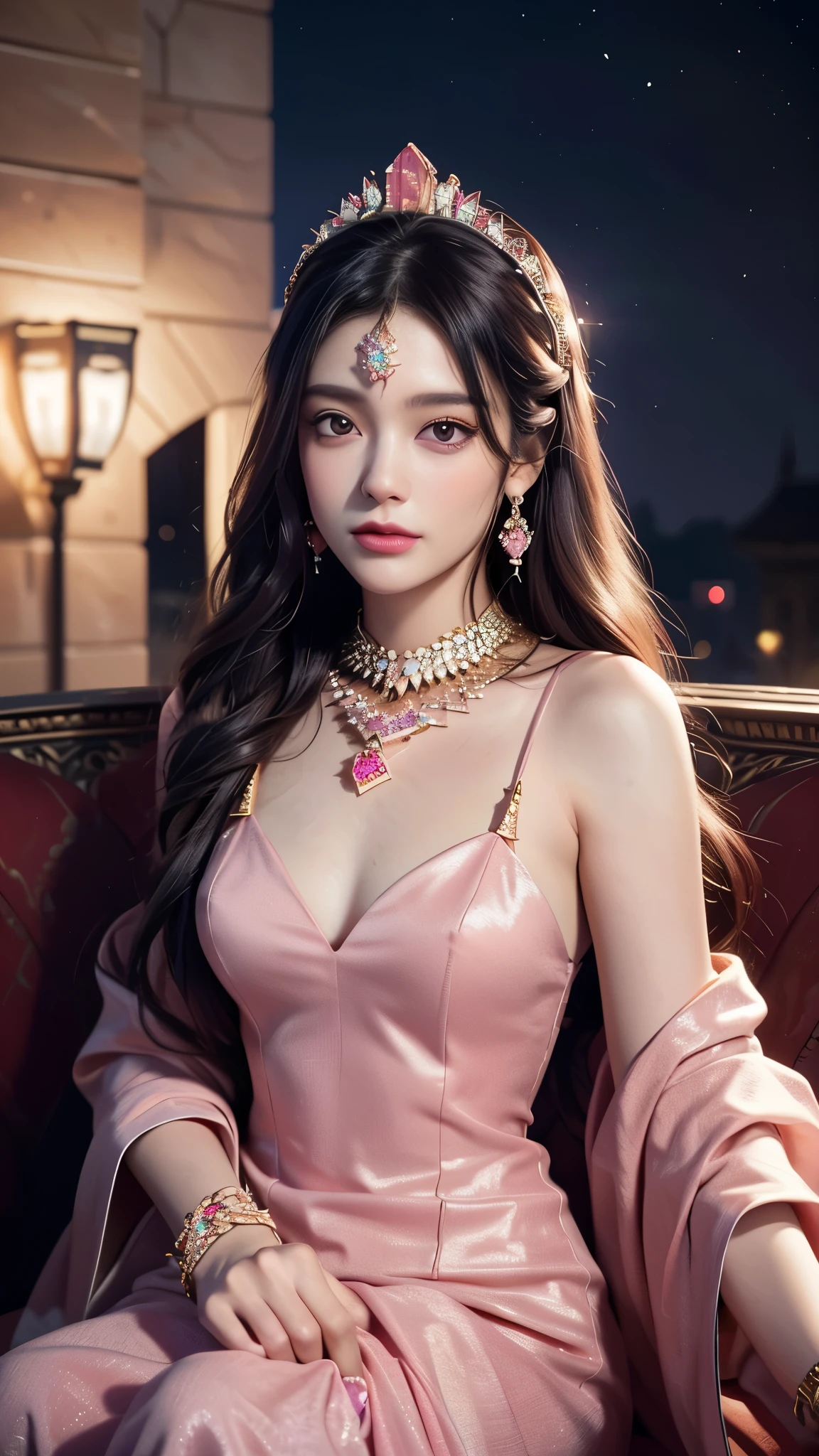 8K, ultra HD, masterpiece, realistic, 1 girl, good face, happy, smoggy makeup, very long hair, princess hairstyle, detailed eyes, detailed lips, medium figure, very detailed dress, pink dress, (jewelry:1.8), princess castle, bloom lighting, night lighting, darkness, sitting,