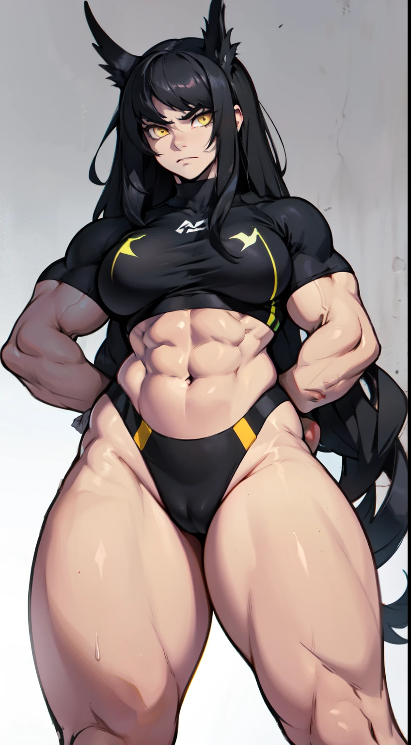 girl breasts huge muscles huge thighs solo girl black hair extremely long hair pale skin expressionless yellow eyes