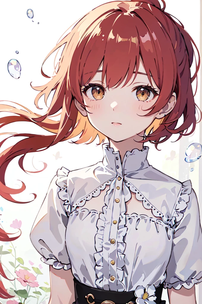 (masterpiece), (best quality), (ultra detailed),(disheveled hair),(illustration), (1girl), (Fashionable clothing), standing, Fashion model, looking at viewer, (interview), (simple background),beautiful brown eyes, delicate beautiful face, Floating,(high saturation),(colorful splashes),colorful bubble,(shining), focus on face, ponytail, kamisato ayaka, red hair, bangs, short hair, floating flowers, floating hairs, (shining), best lighting, best shadow,