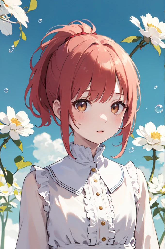 (masterpiece), (best quality), (ultra detailed),(disheveled hair),(illustration), (1girl), (Fashionable clothing), standing, Fashion model, looking at viewer, (interview), (simple background),beautiful brown eyes, delicate beautiful face, Floating,(high saturation),(colorful splashes),colorful bubble,(shining), focus on face, ponytail, kamisato ayaka, red hair, bangs, short hair, floating flowers, floating hairs, (shining), best lighting, best shadow,