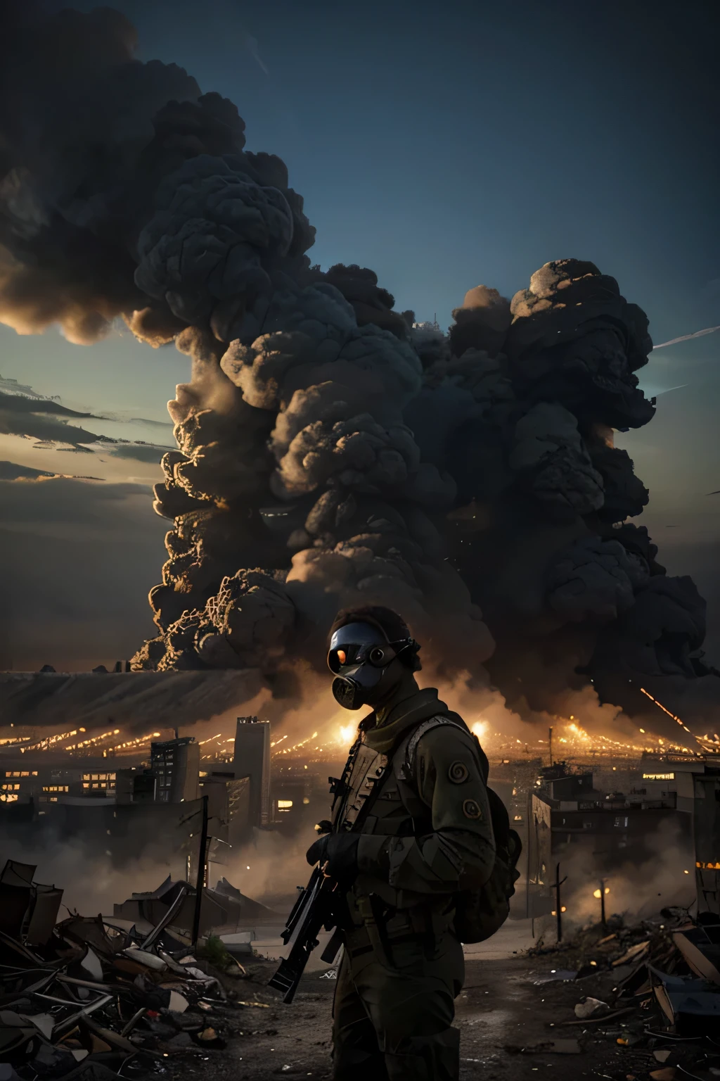 a city after the apocalypse and against its background there is a military man with a gas mask and the apocalypse is written in the sky 