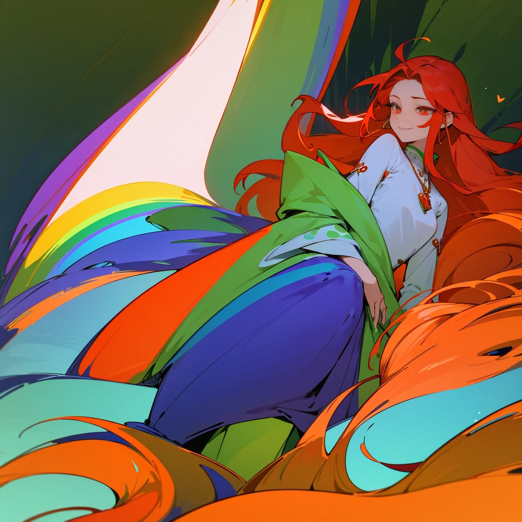 A young woman druid with long Red hair and eyes resembling a rainbow, listening to calm music on headphones, with a  smile, holding a sticky, dressed in florestal clothes in a chalet at a florest. An image that inspires calmness, tranquility, lightness, simplicity, and comfort.